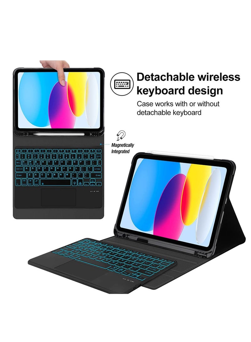 حافظة لوحة مفاتيح لجهاز iPad الجيل العاشر، إضاءة خلفية بسبعة ألوان، لوحة تتبع متعددة اللمس، لوحة مفاتيح لاسلكية، حامل أقلام مدمج، حافظة ذكية مقاس 10.9 بوصة، أسود - Image 3